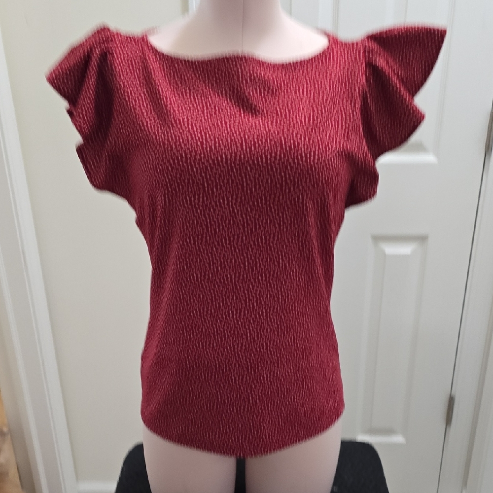 Ann Taylor Factory Textured Red Blouse with Ruffle Sleeves